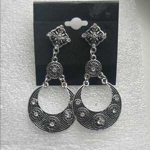 Vintage Style Silver-Tone Filigree Drop Earrings with Crystal Accents 3”x 1.5